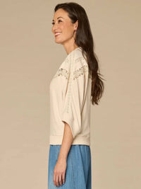 Democracy - Embroidered Mandarin Collar Knit Top