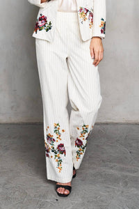 Paparazzi - Woven Yarn Dyed Pin Striped Embroidered Trim Pant