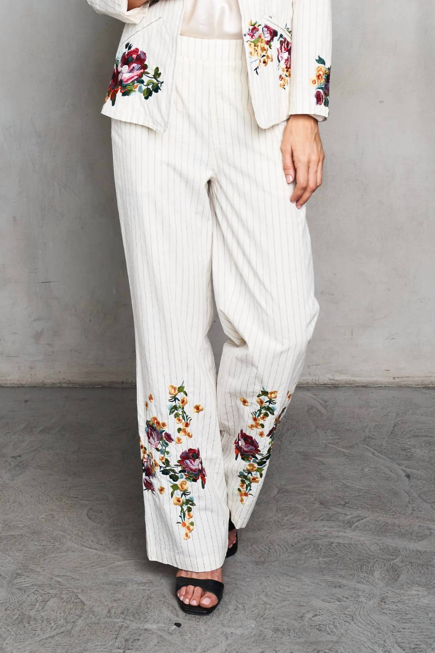 Paparazzi - Woven Yarn Dyed Pin Striped Embroidered Trim Pant