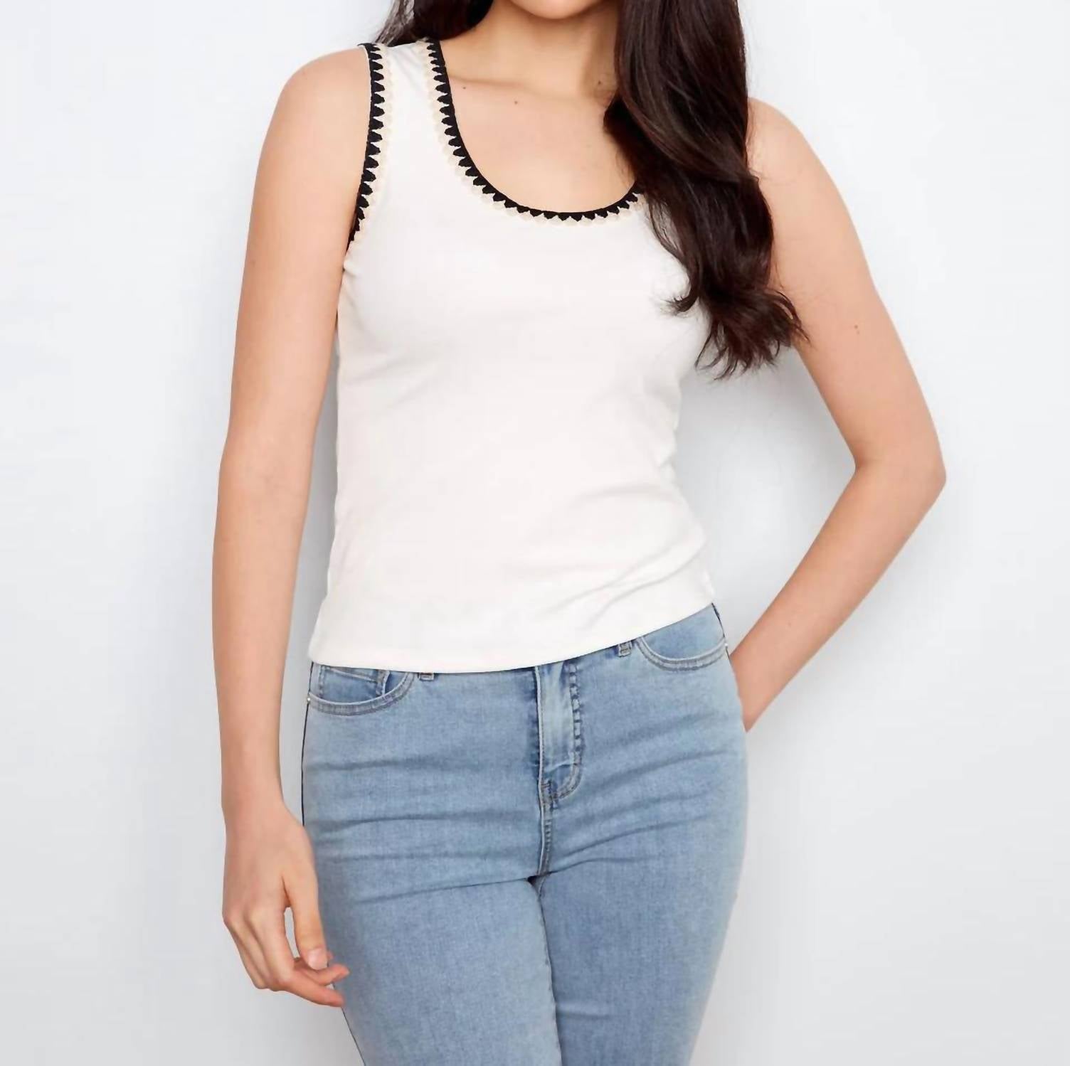 CHARLIE B Knit Tank Top With Crochet Detail in ecru - women's tank top