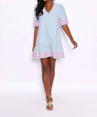 Sail To Sable - Stripe V-Neck Puff Sleeve Dress