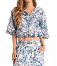 ELAN Puff Sleeve Crop Top in blue leafy flower - women's shirt