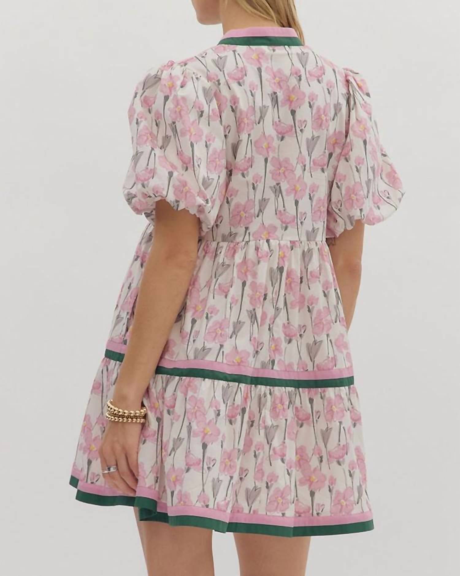 entro Floral V Neck Mini Dress in dusty pink - women's dress - detail view