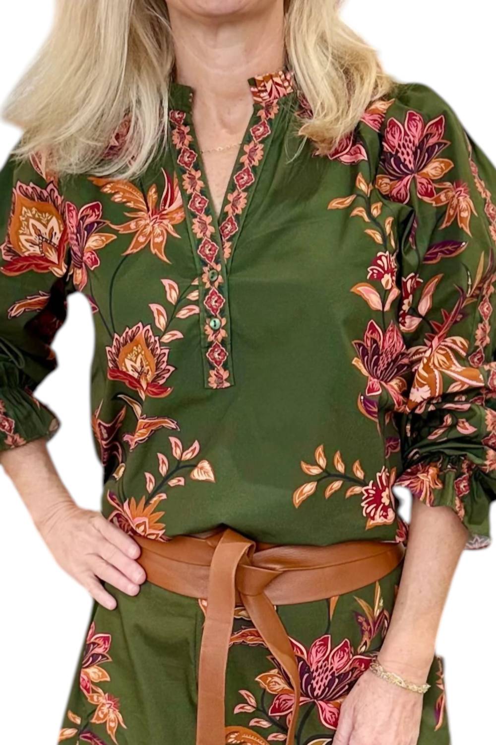 maude vivante Ashley Long Sleeves Top in olive trails - women's blouse