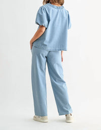 Joh Denna Puff Sleeve Top in denim - women's blouse - detail view