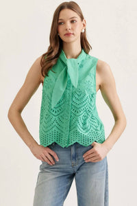 Entro - Sleeveless Eyelet Neck Tie Top