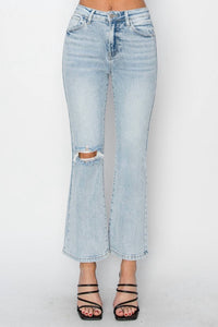Risen - High Rise Knee Distressed Ankle Flare Jeans