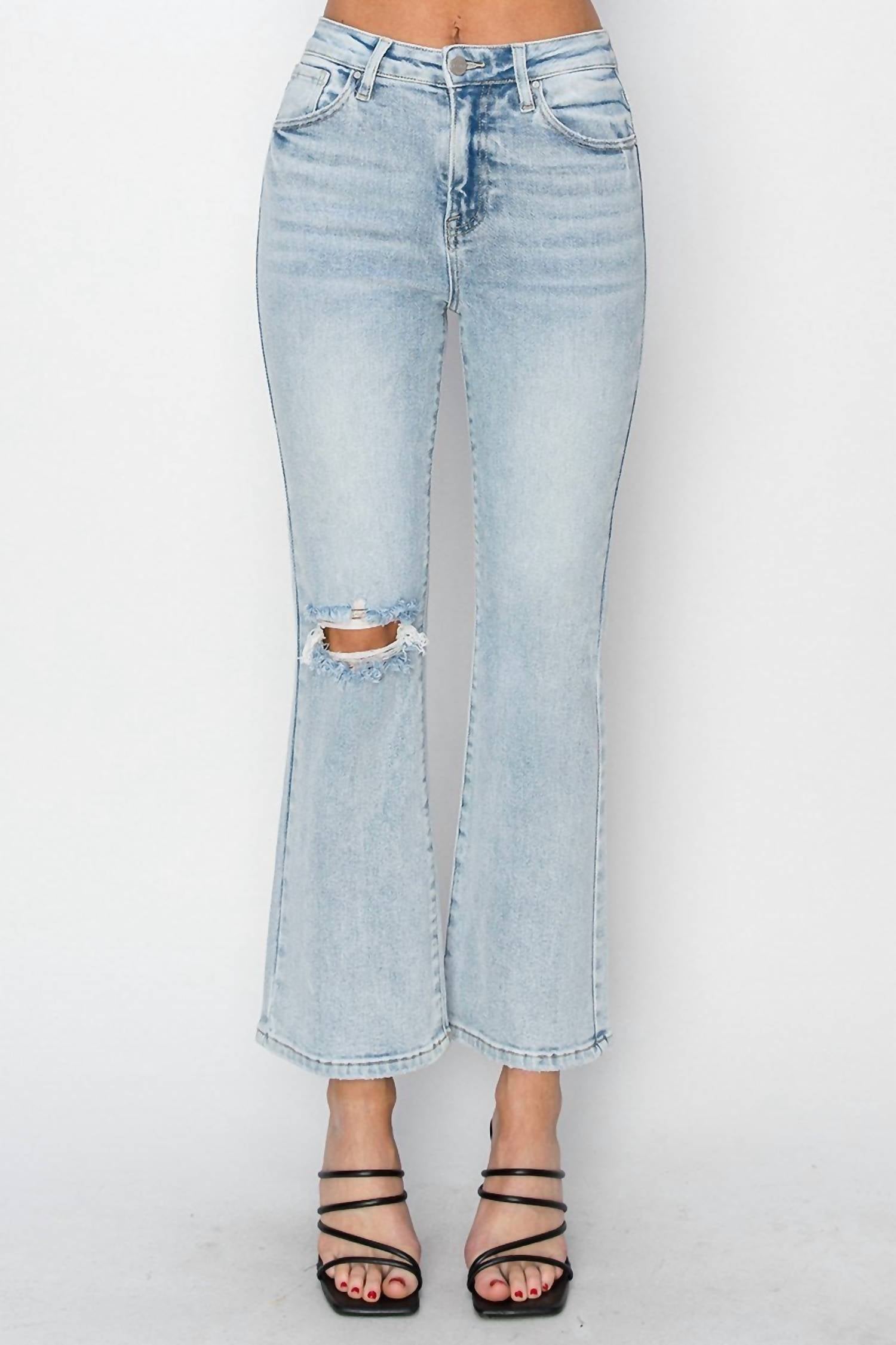 Risen - High Rise Knee Distressed Ankle Flare Jeans