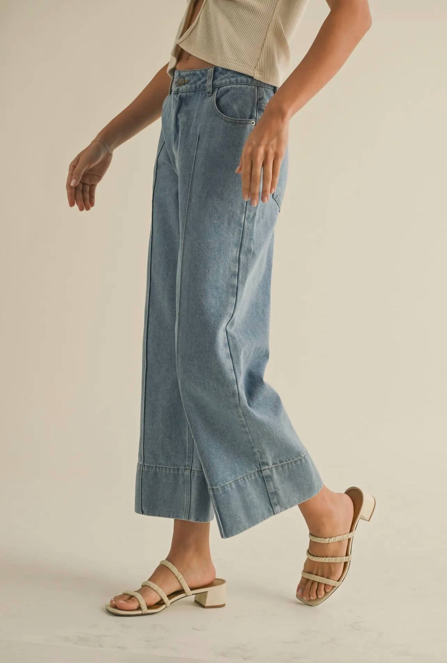 MIOU MUSE Wide Hem Denim Pants in blue - women's jeans - detail view