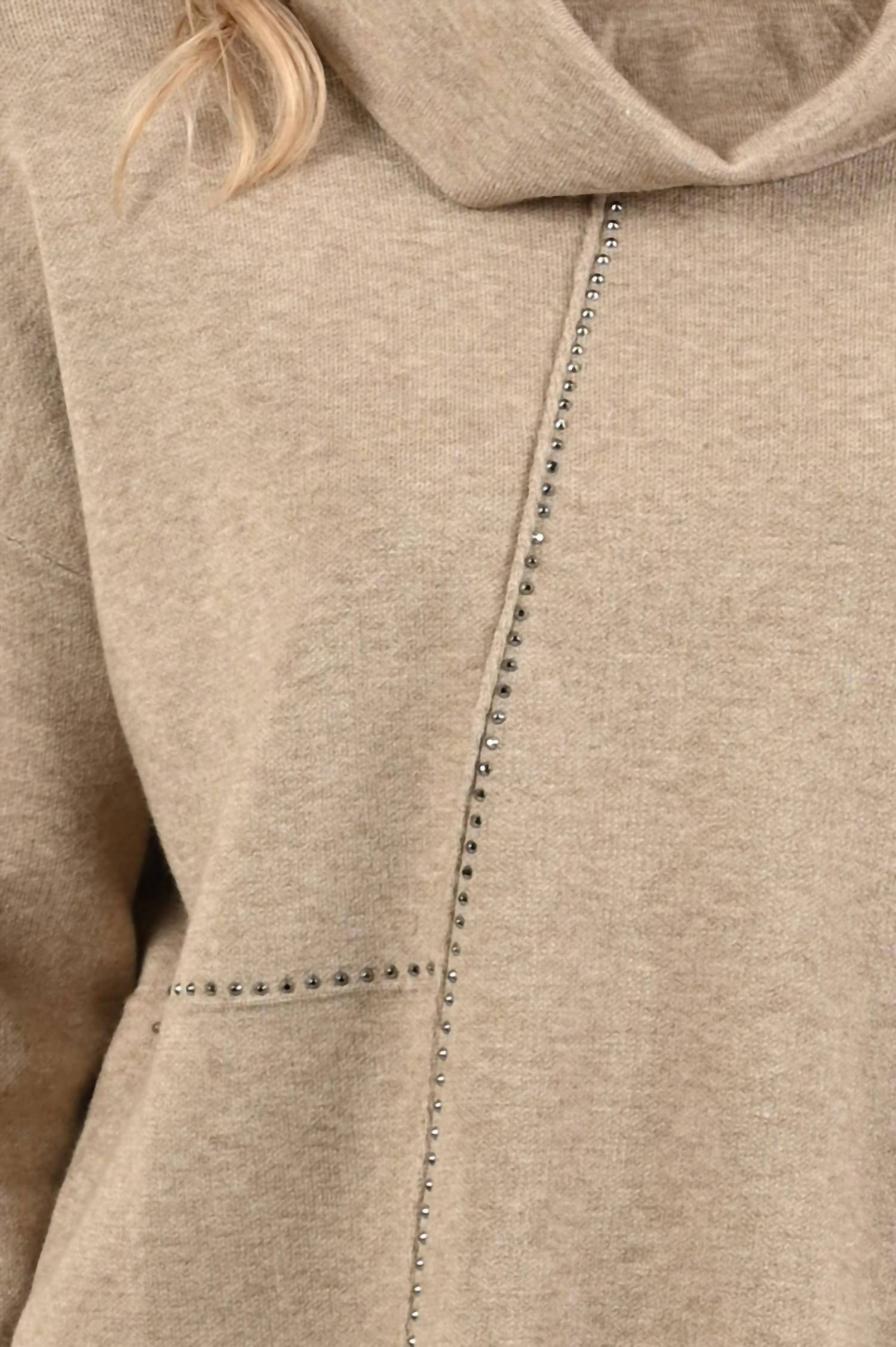 Joseph Ribkoff Cowl Neck Embellished Asymmetric Sweater Top in oatmeal - women's sweater - view 4