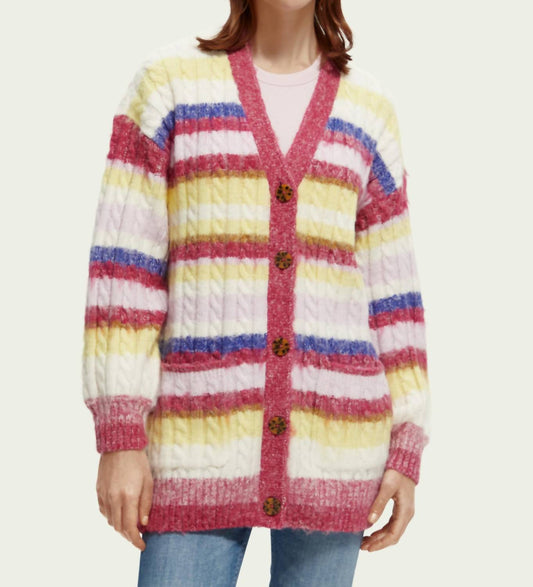 BRUSHED MIXED STRIPE MID LENGTH CARDIGAN