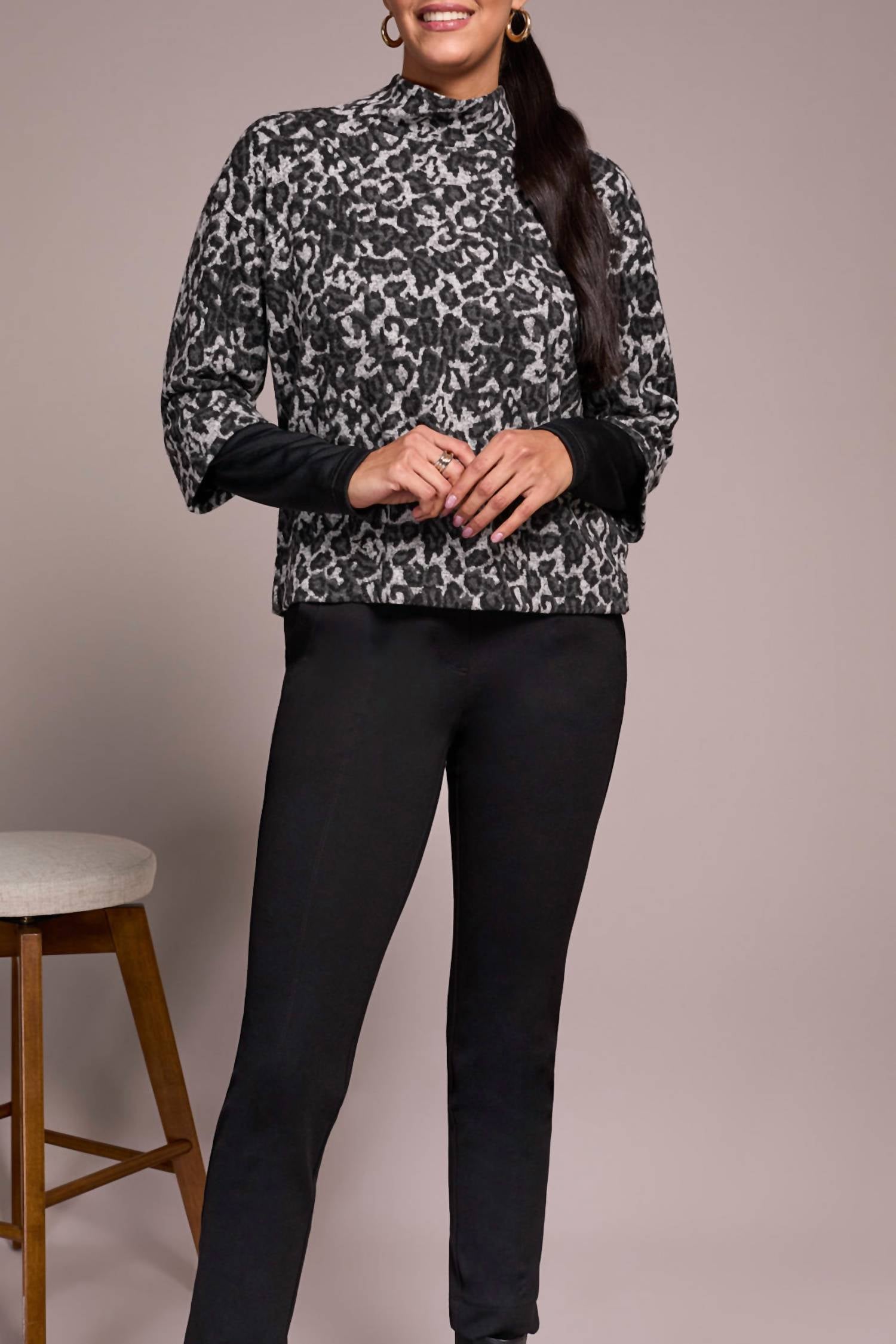 Tribal - Printed Combo Sleeve Mock Neck Jacquard Top