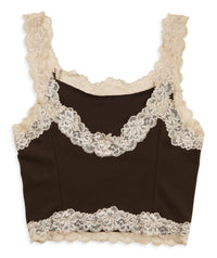 8apart Junior Women's Fitch Floral Lace Strap Crop Cami in chocolate - women's shirt - detail view