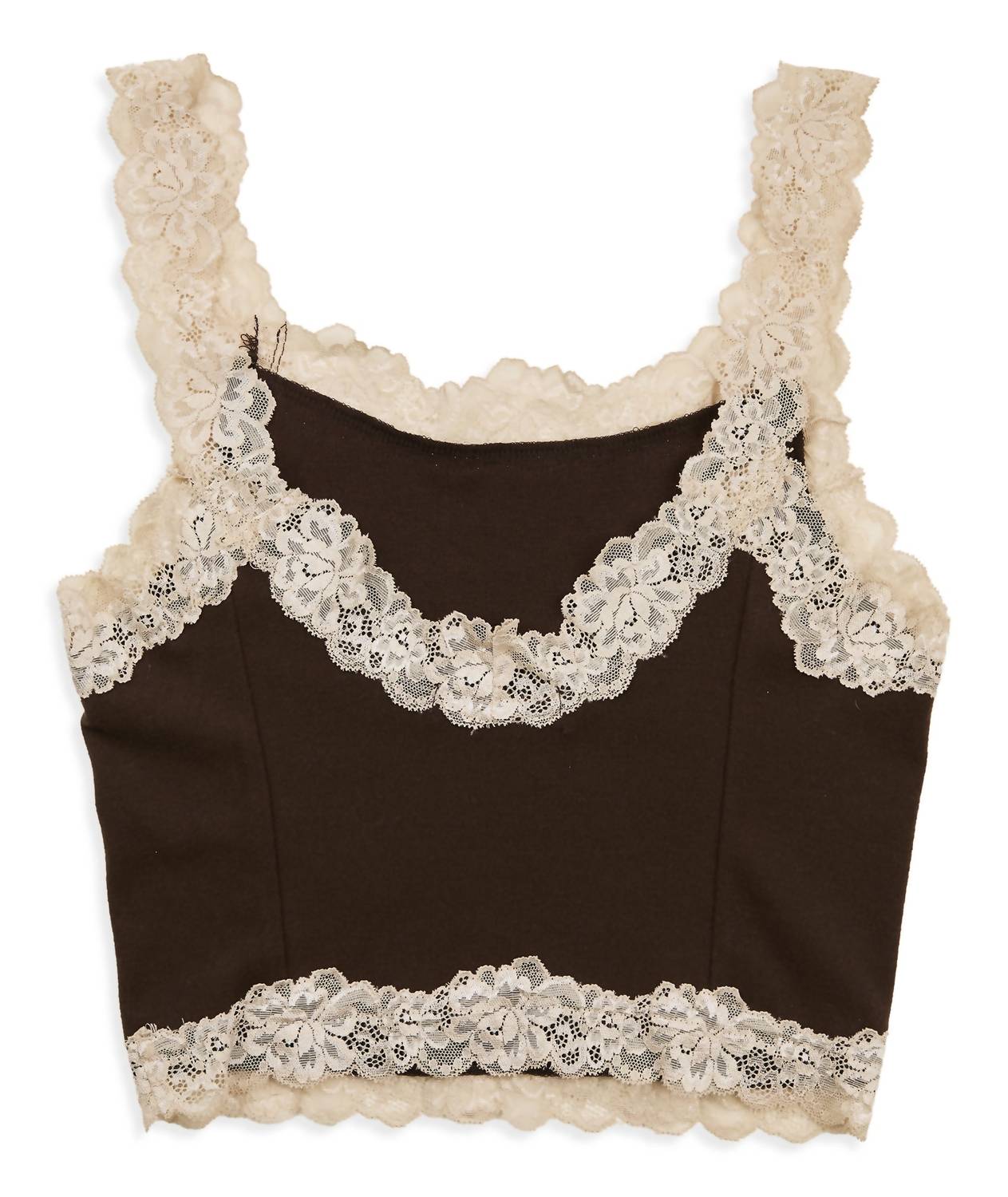 8apart Junior Women's Fitch Floral Lace Strap Crop Cami in chocolate - women's shirt - detail view