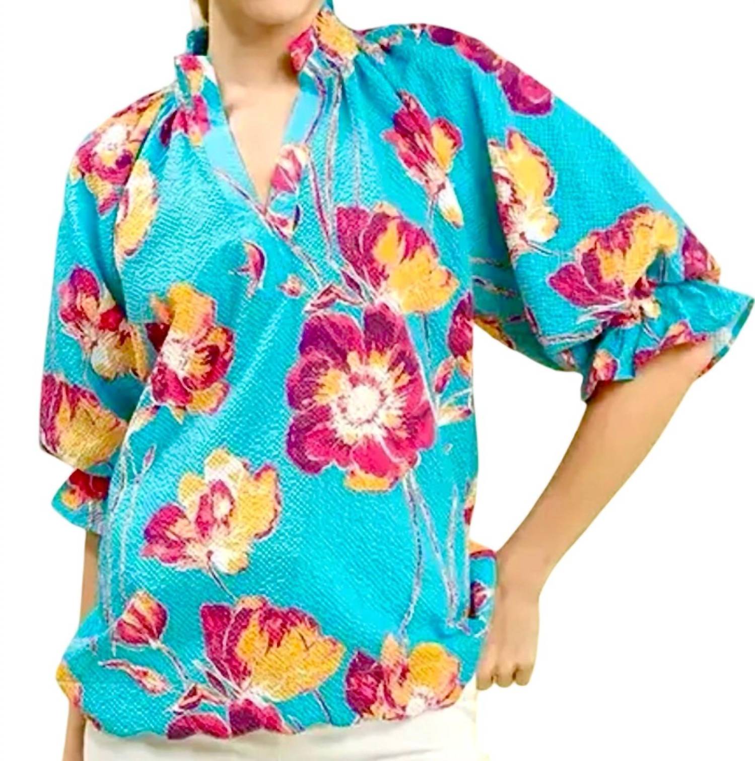 Style Usa - Mix Floral Puff Sleeve Top