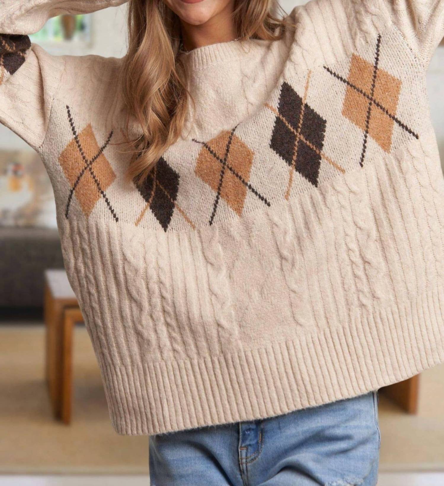 ADORA Diamond Pattern Cable Knit Sweater in oatmeal - women's sweater - view 5