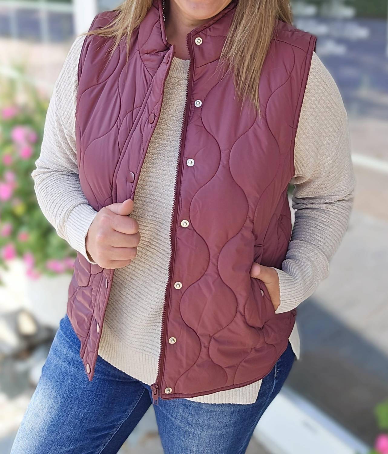 STACCATO Quilted Zip Snap Vest in burgundy - women's jacket