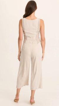 Wearables Women's Linette Twill Zip Up V Neck Jumpsuit in chalky tan grey - women's pants - detail view