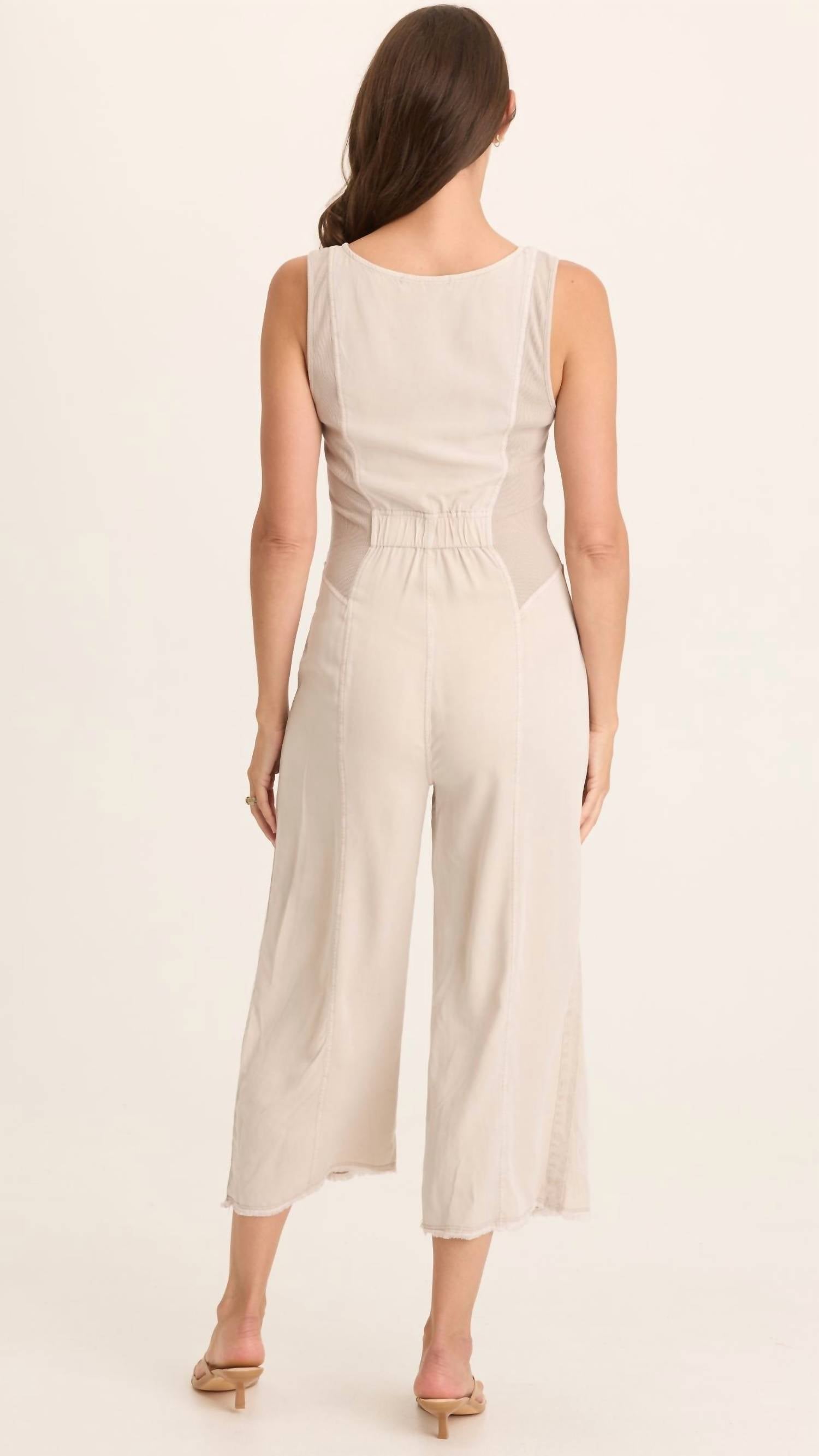 Wearables Women's Linette Twill Zip Up V Neck Jumpsuit in chalky tan grey - women's pants - detail view