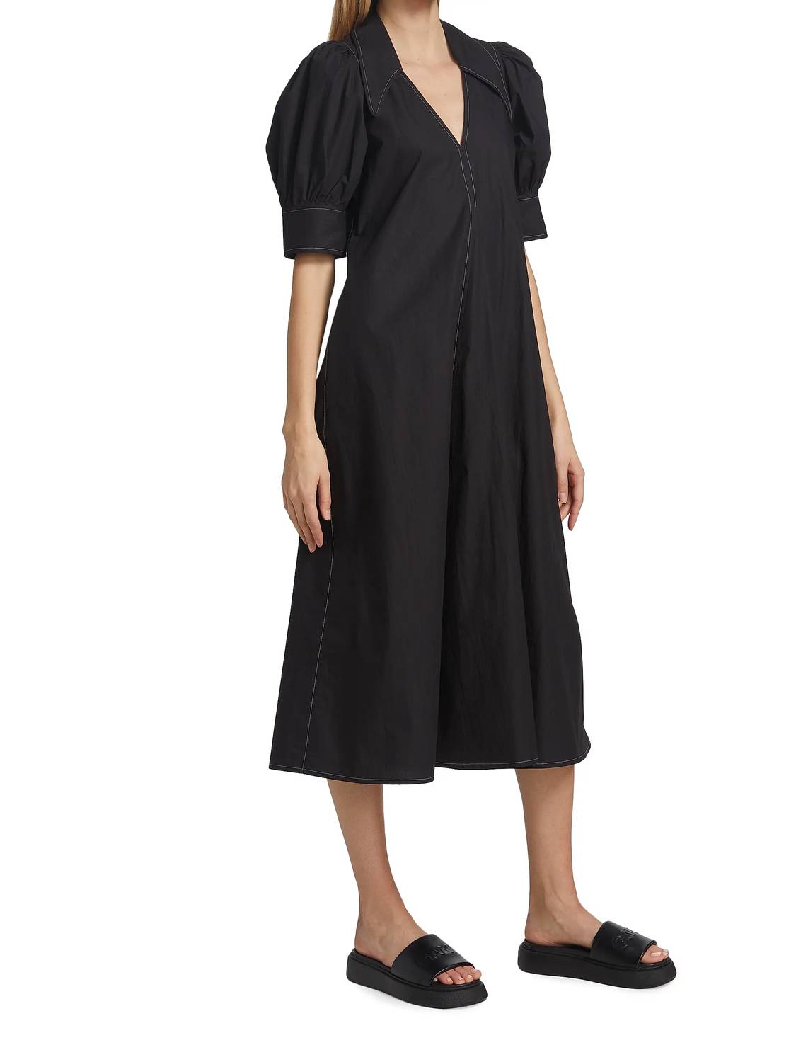 Ganni - Cotton Poplin V-neck Midi Dress