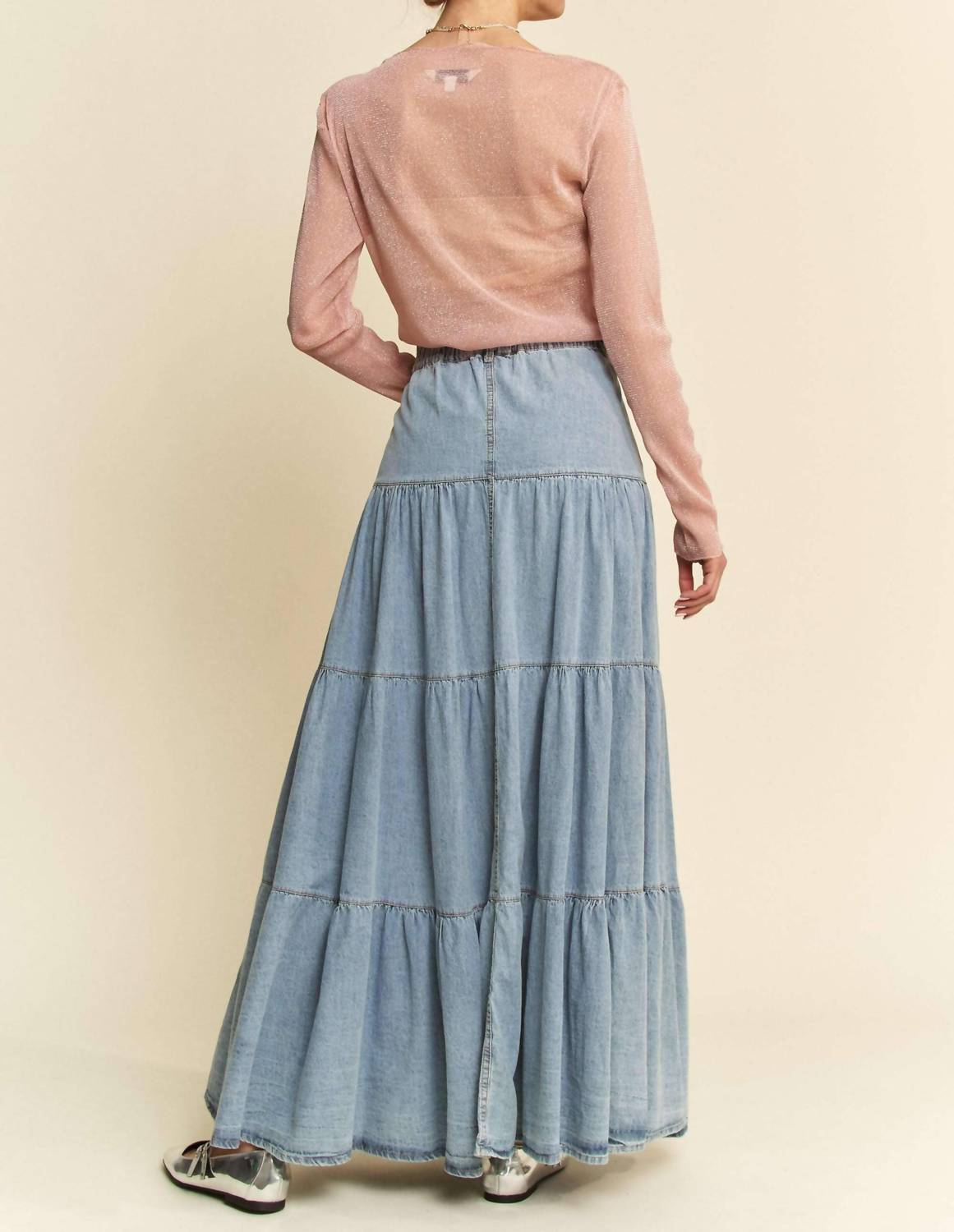 Davi & Dani - Button Front Ruffle Hem Maxi Skirt
