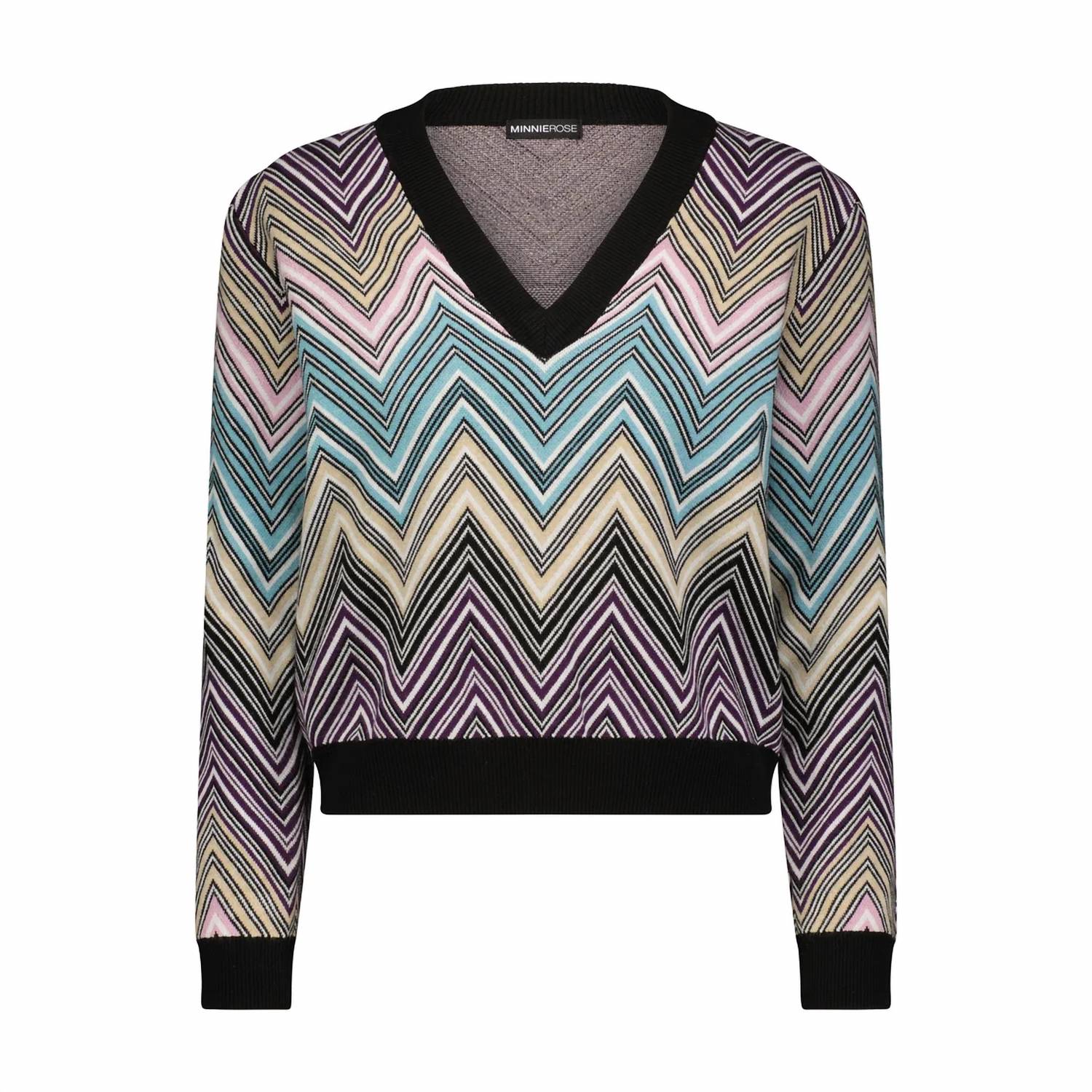 Minnie Rose - Women's Viscose Chevron Cropped V-neck Sweater