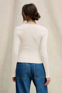 Velvet by Graham & Spencer Winona Pointelle Henley Top in ecru - women's long sleeve top - detail view