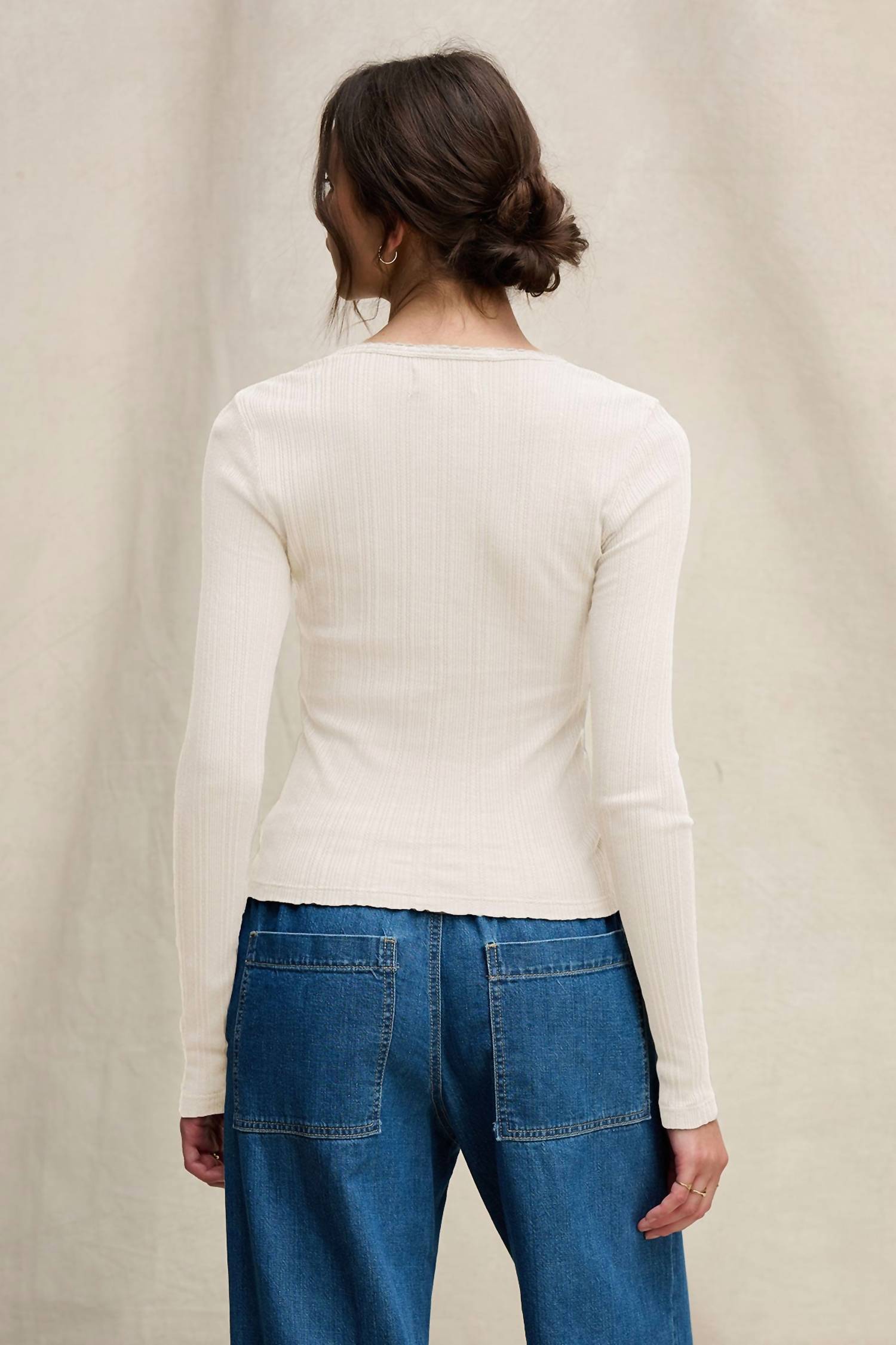 Velvet by Graham & Spencer Winona Pointelle Henley Top in ecru - women's long sleeve top - detail view
