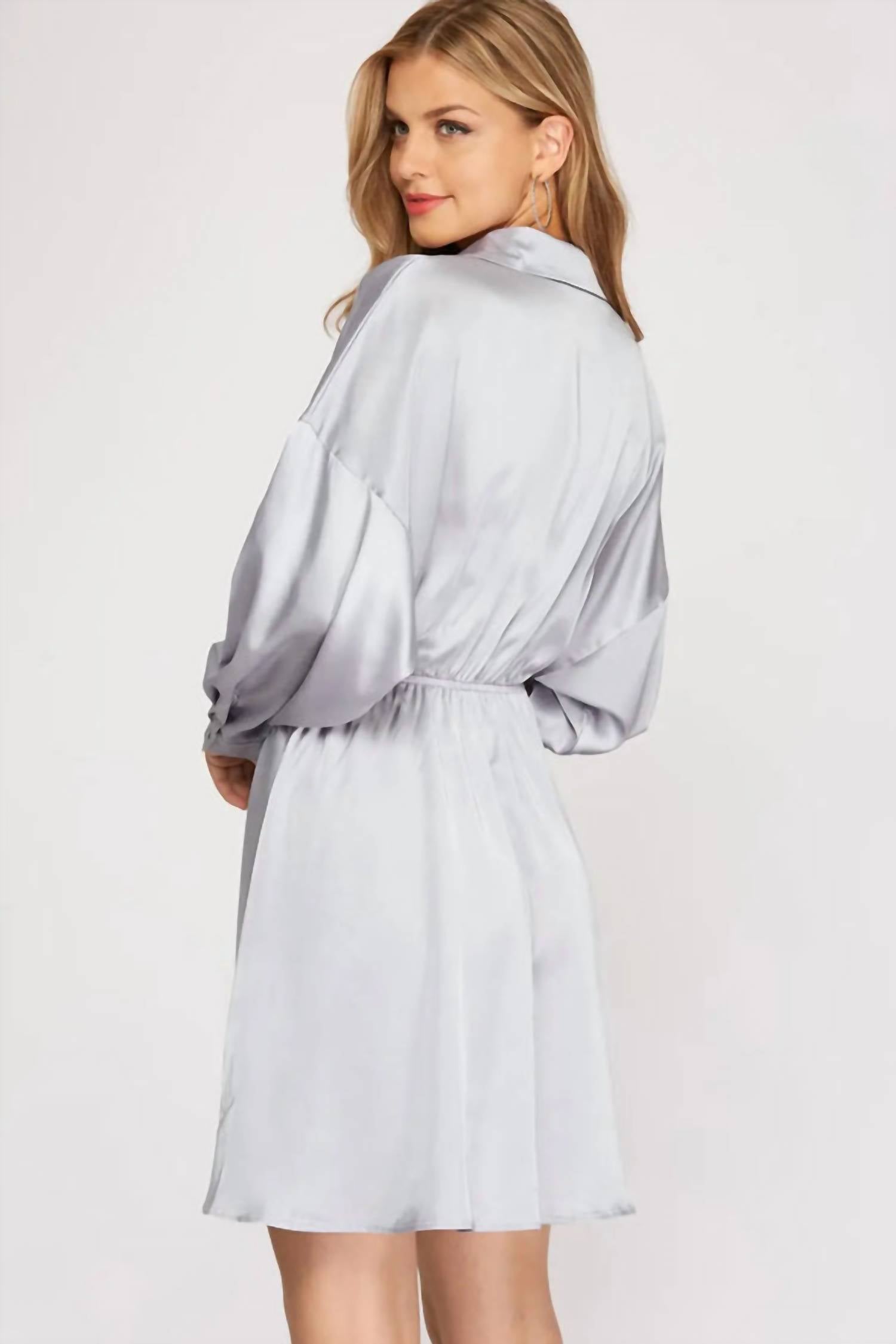 SHE + SKY Long Sleeve Collared Flare Dress in blue gray - women's dress - alternate view