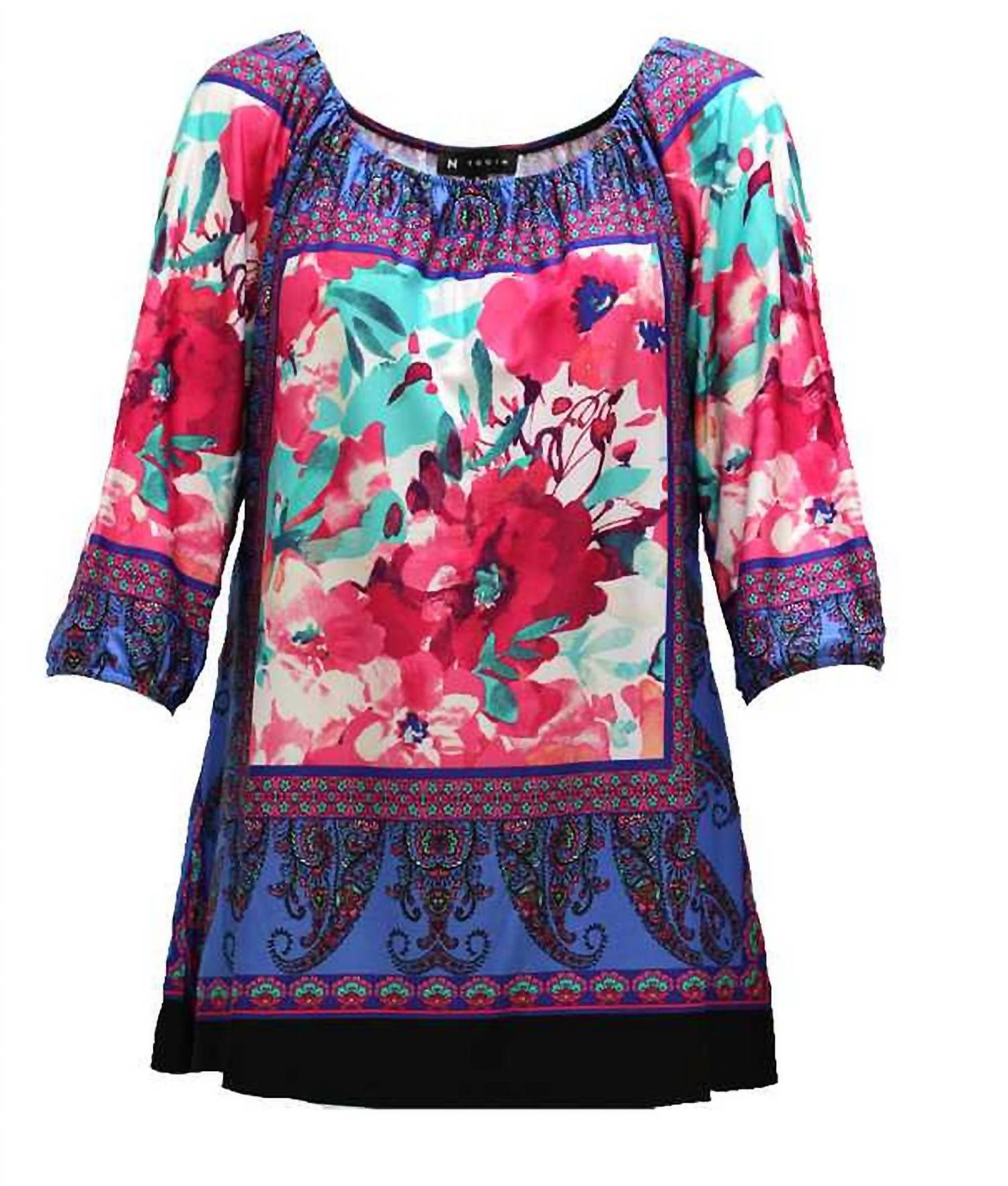 N Touch Floral Peasant Top in peri fuchsia - women's blouse - detail view