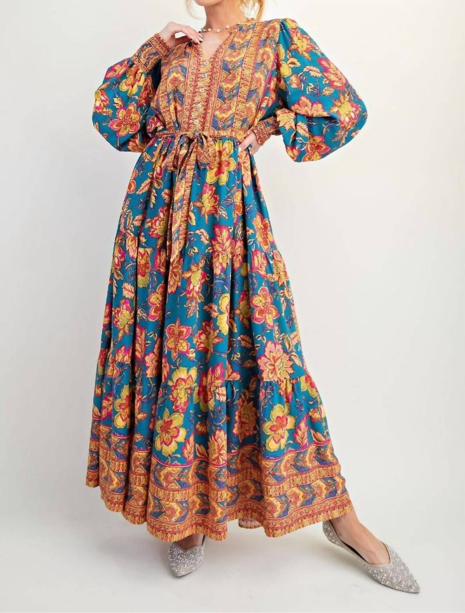 Easel - Challis Tie Waisted Maxi Dress