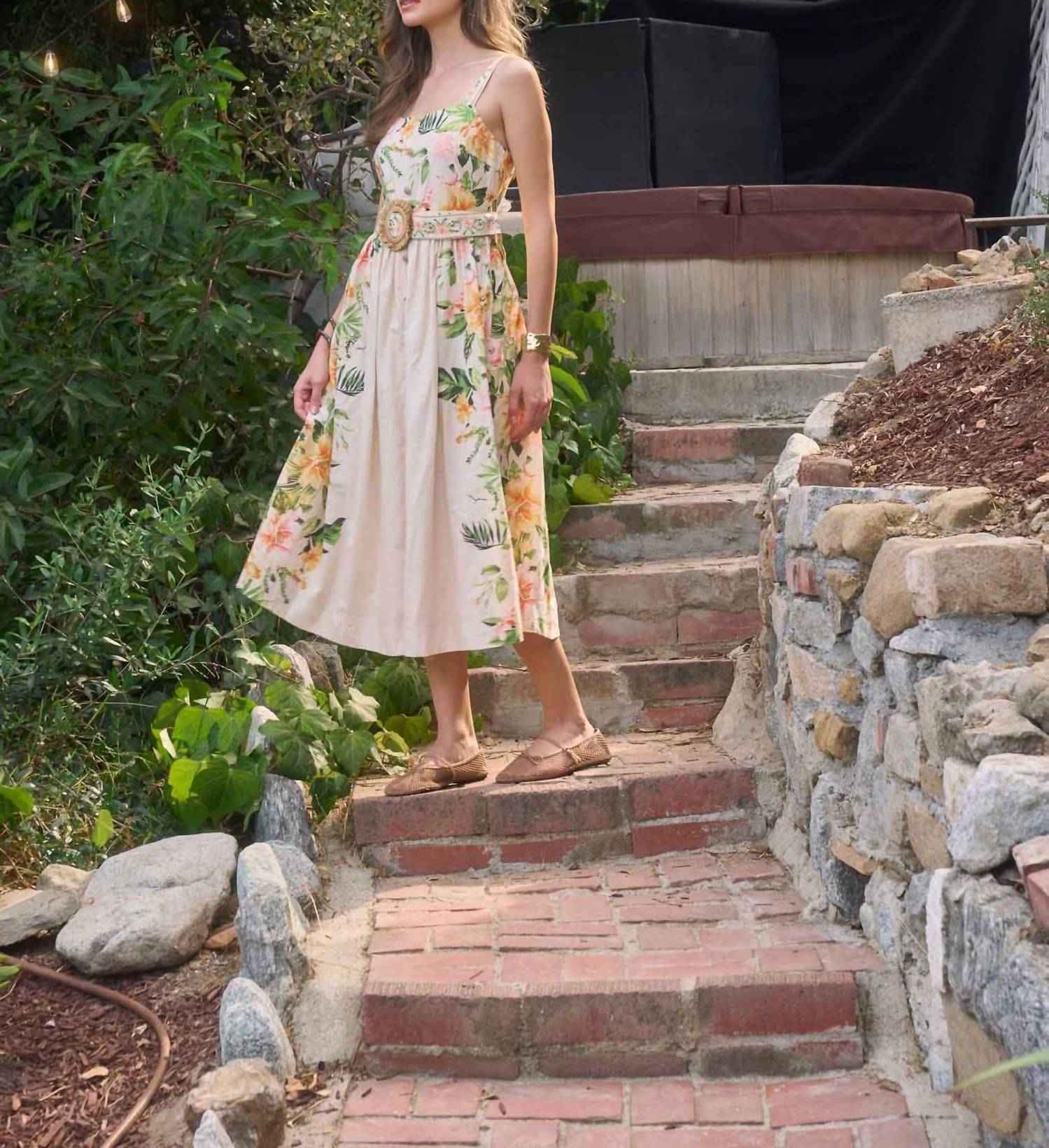 Moon River - Floral Print Belt Detail Sleeveless Midi Dress
