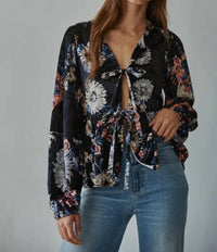 By Together Velvet Floral Print V Neck Open Front Top in black - women's blouse