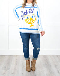 Queen Of Sparkles - "get Lit" Menorah Stripe Sweater
