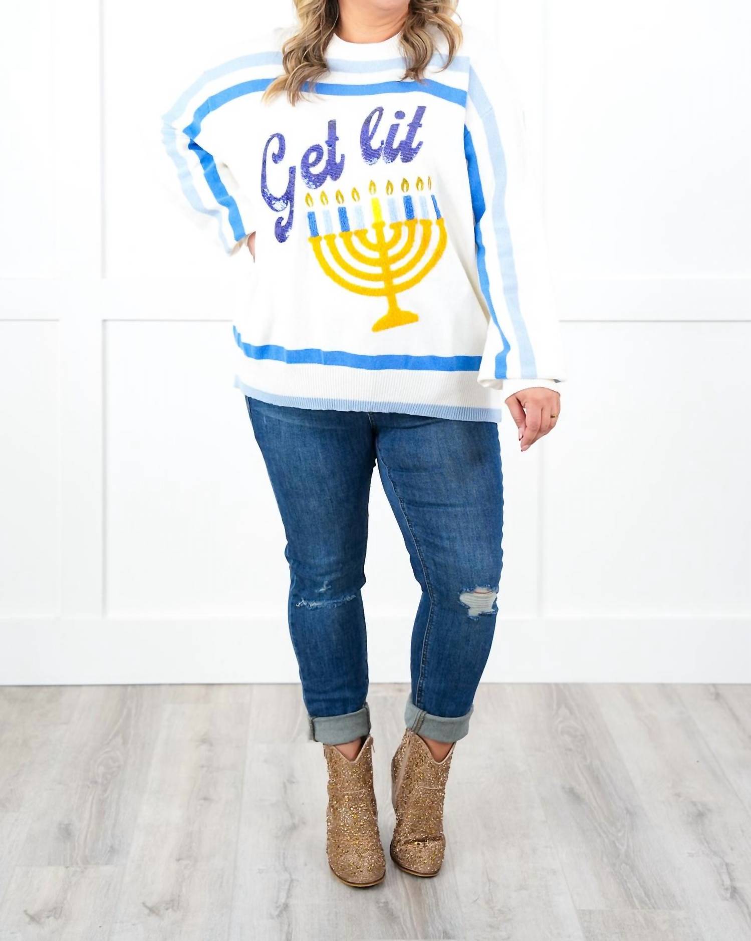 Queen Of Sparkles - "get Lit" Menorah Stripe Sweater