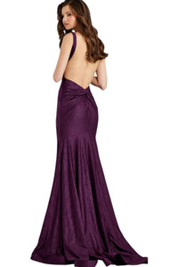JOVANI V Neck Backless Column Gown With High Slit in purple - women's dress - alternate view