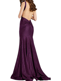 JOVANI V Neck Backless Column Gown With High Slit in purple - women's dress - detail view
