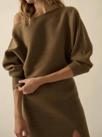 PROMESA Rib-Knit One-Shoulder Dolman Midi Sweater Dress in olive brown - women's dress - detail view