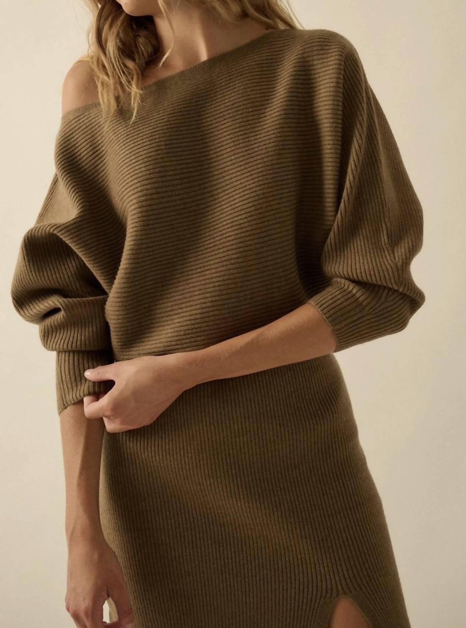 PROMESA Rib-Knit One-Shoulder Dolman Midi Sweater Dress in olive brown - women's dress - detail view