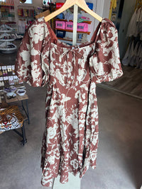 Sofie the Label Delphi Floral Printed Midi Dress in brown - women's dress - detail view