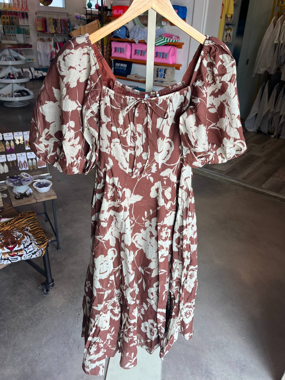 Sofie the Label Delphi Floral Printed Midi Dress in brown - women's dress - detail view