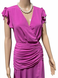 Adelyn Rae - Surplice V-neck Short Flutter Sleeve Ruched Bodice Midi Dress