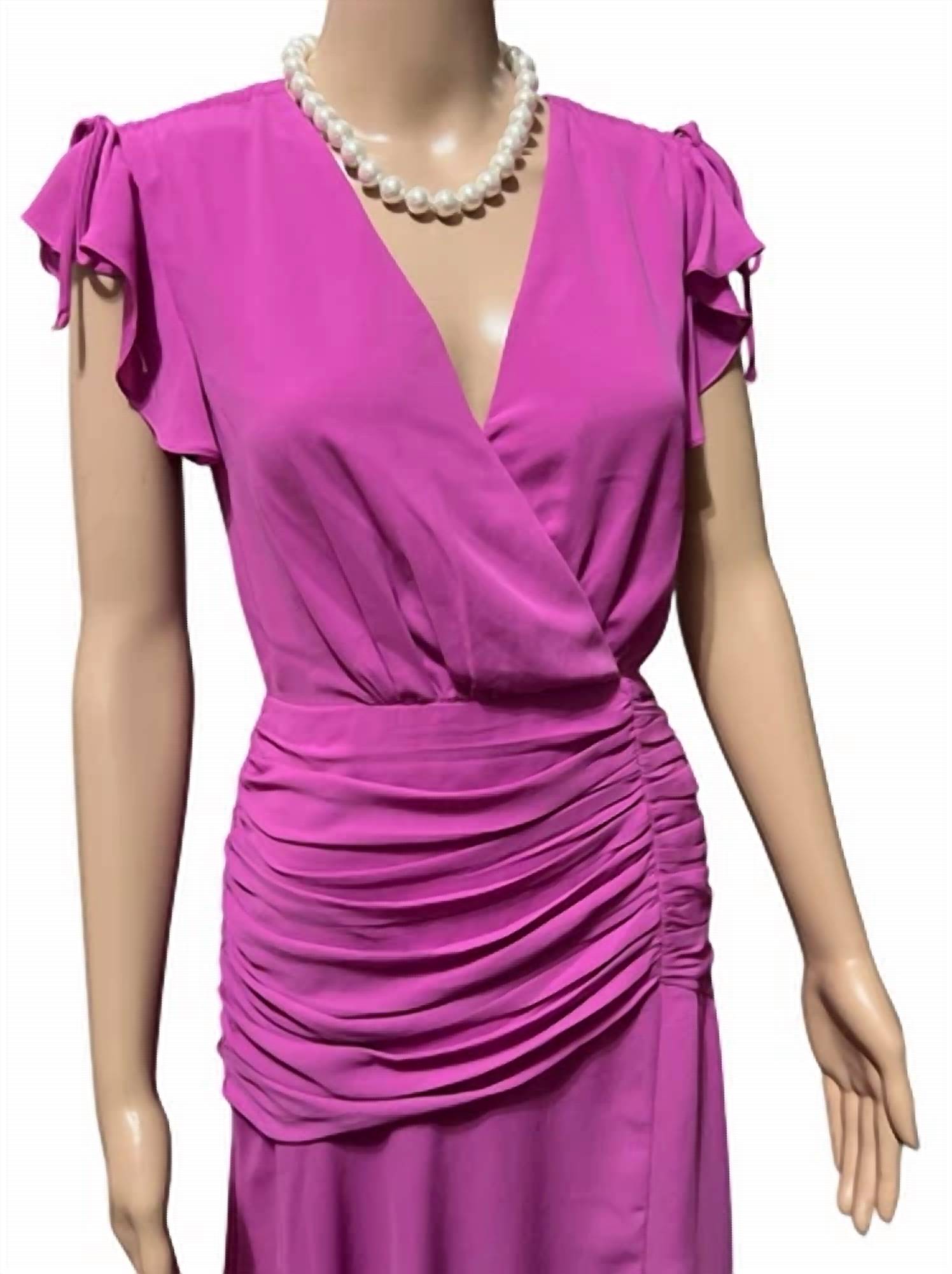 Adelyn Rae - Surplice V-neck Short Flutter Sleeve Ruched Bodice Midi Dress