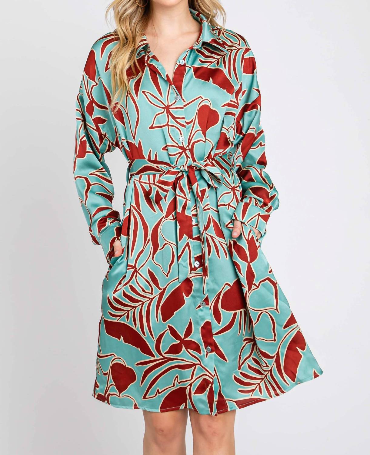 Elleborn - Printed Satin Midi Shirt Dress