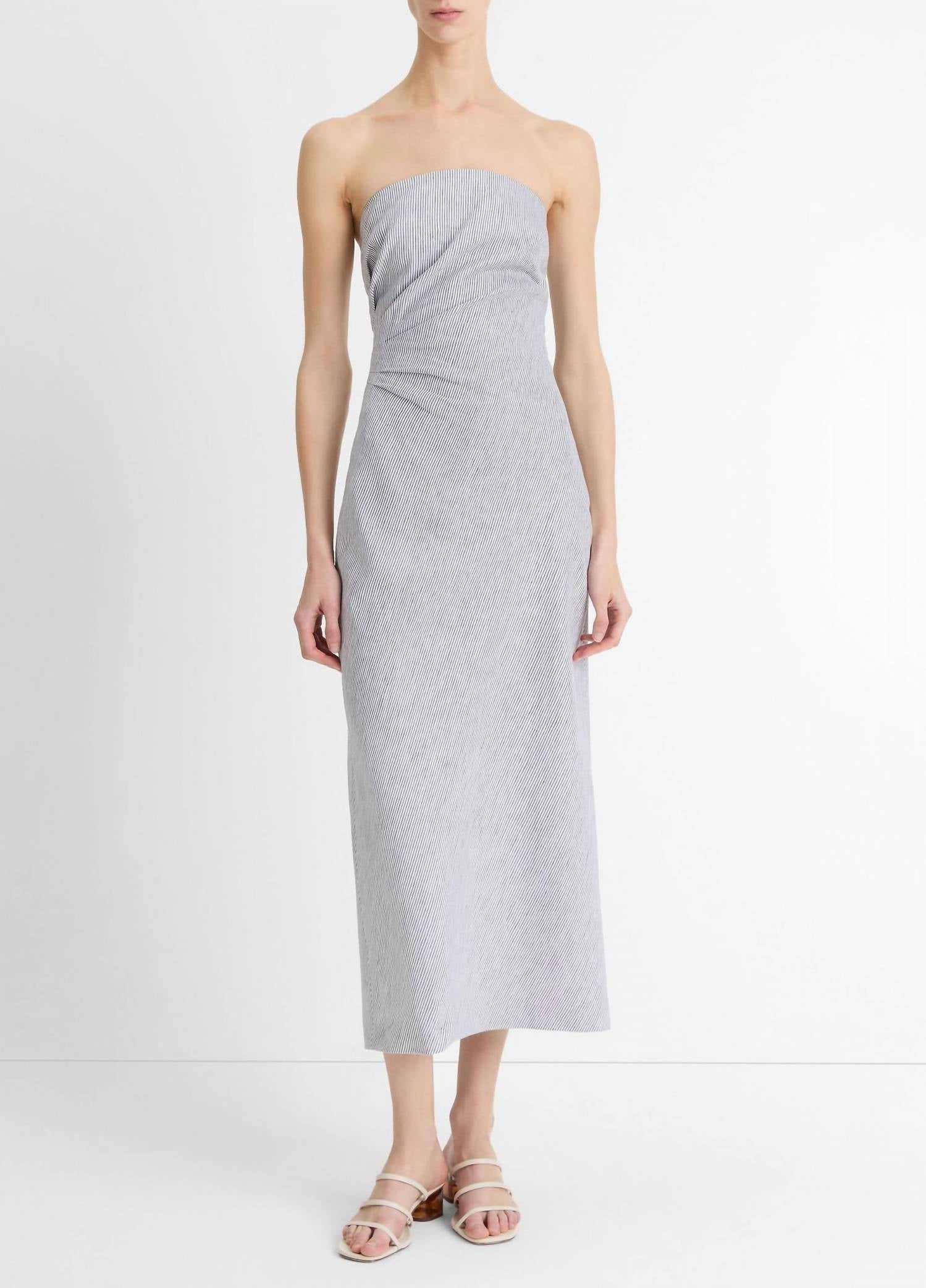 Vince Ticking Stripe Drape Front Strapless Dress in iris slate off white - women's dress