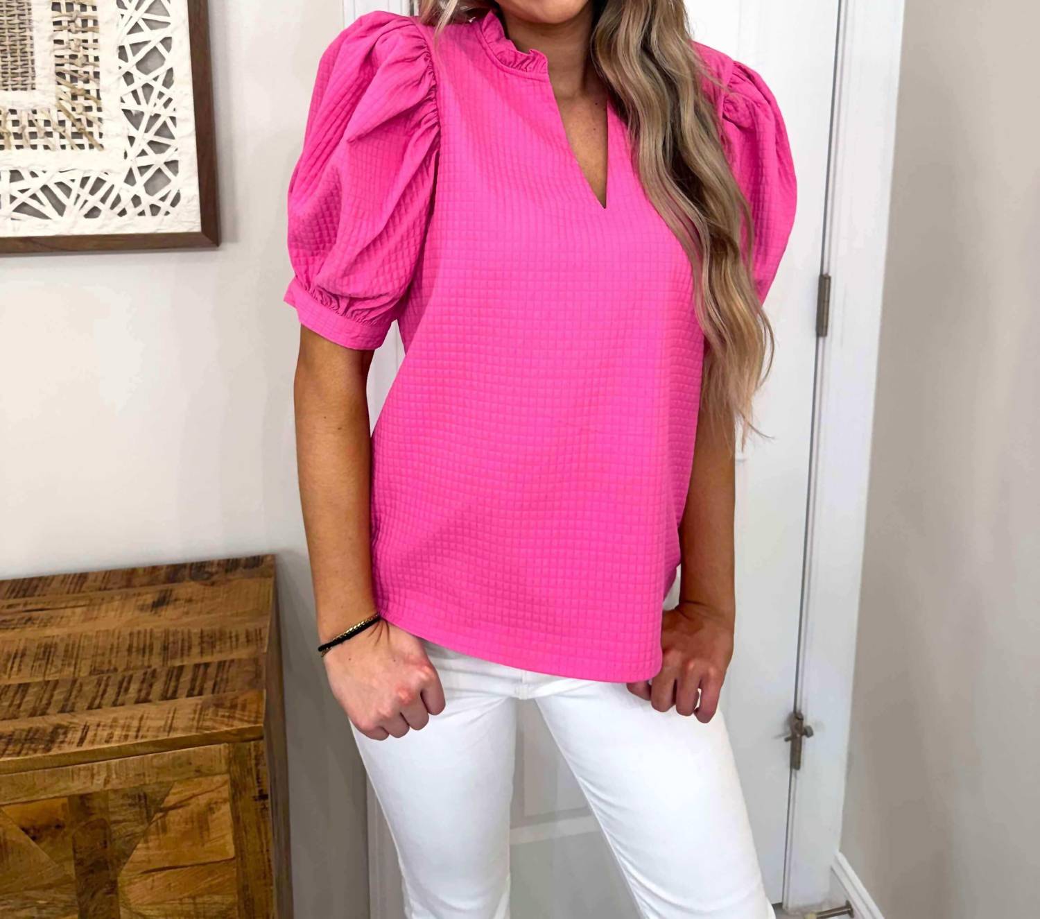 Glam - Lily Ruffle V-neck Puff Sleeve Top