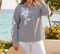 Karen Kane - Long Sleeve Stripe Embroidered Shirt - Plus Size