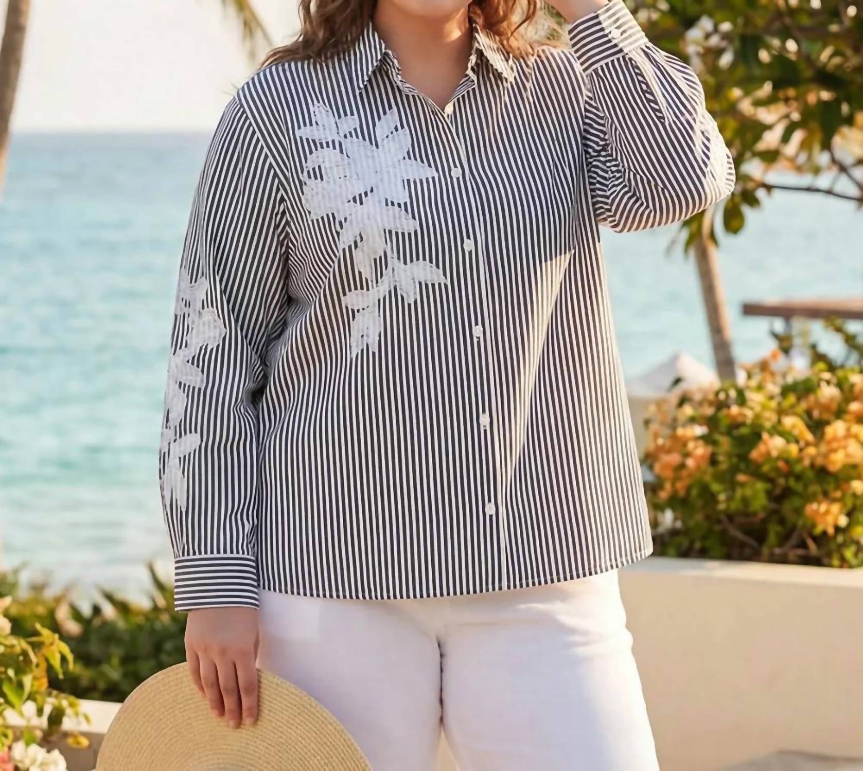 Karen Kane - Long Sleeve Stripe Embroidered Shirt - Plus Size