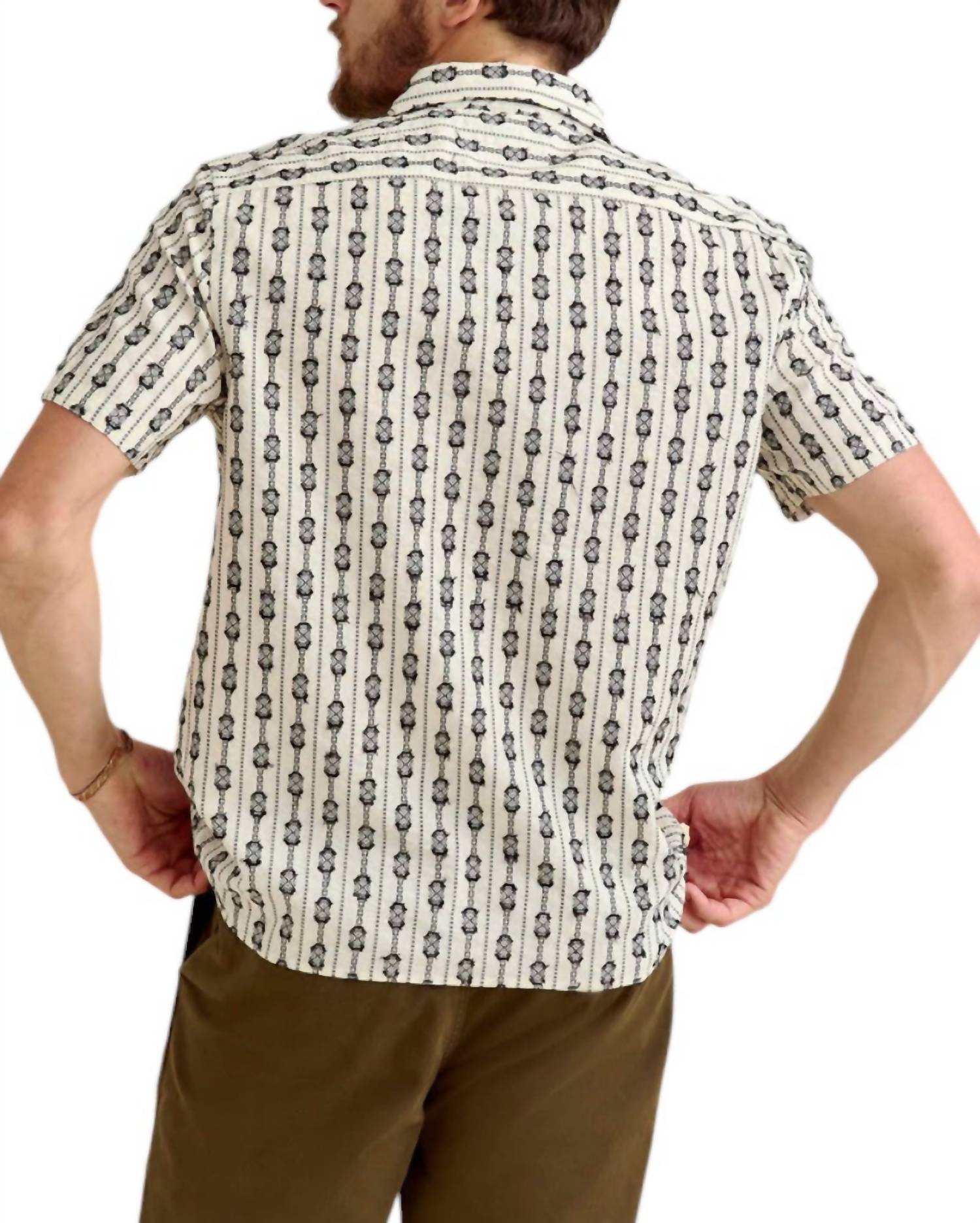 Billy Reid Short Sleeve Boucle Treme Shirt in dobby stripe black white - men's shirt - detail view