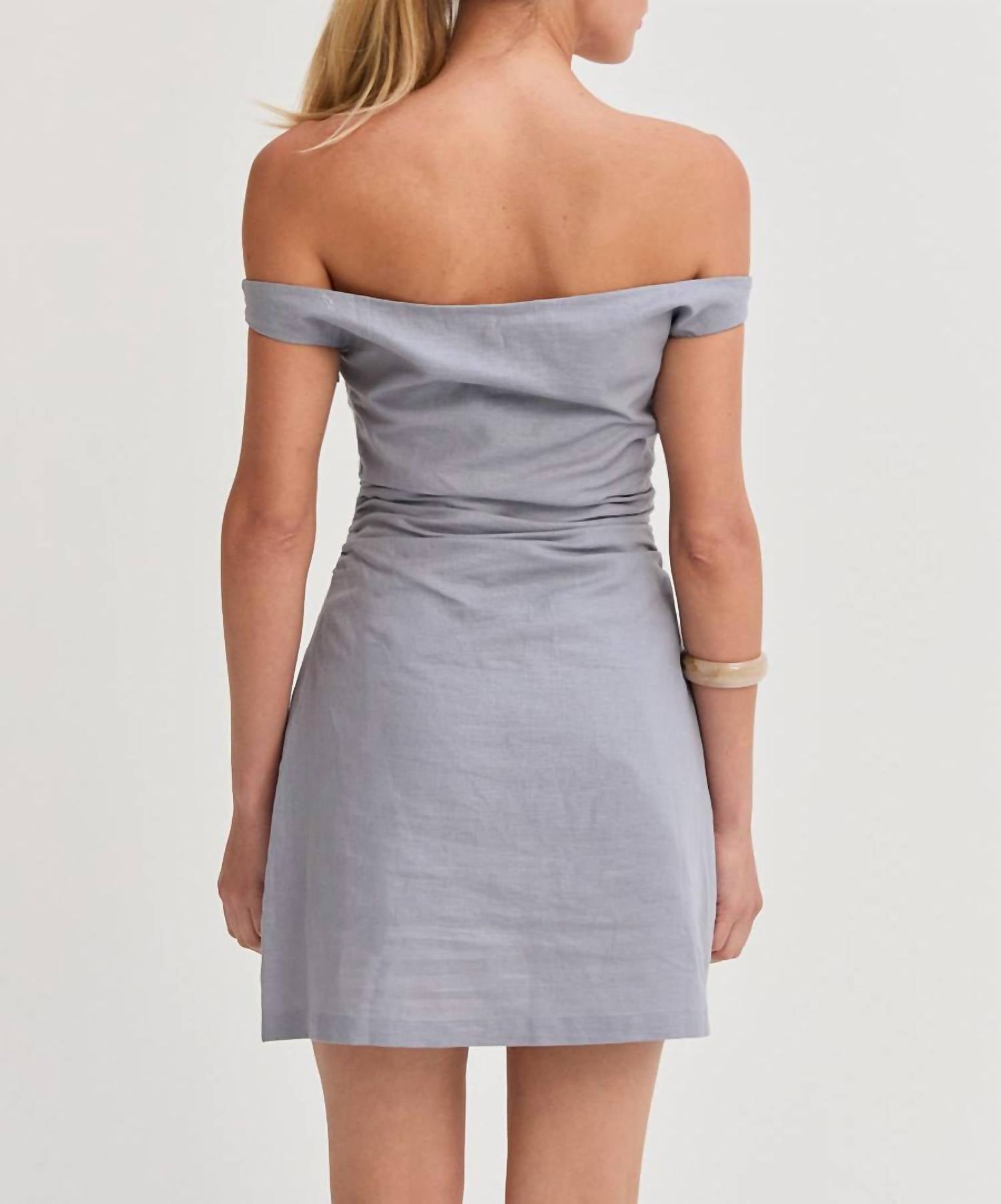Crescent - Talia Off Shoulder Side Ruched Linen Mini Dress